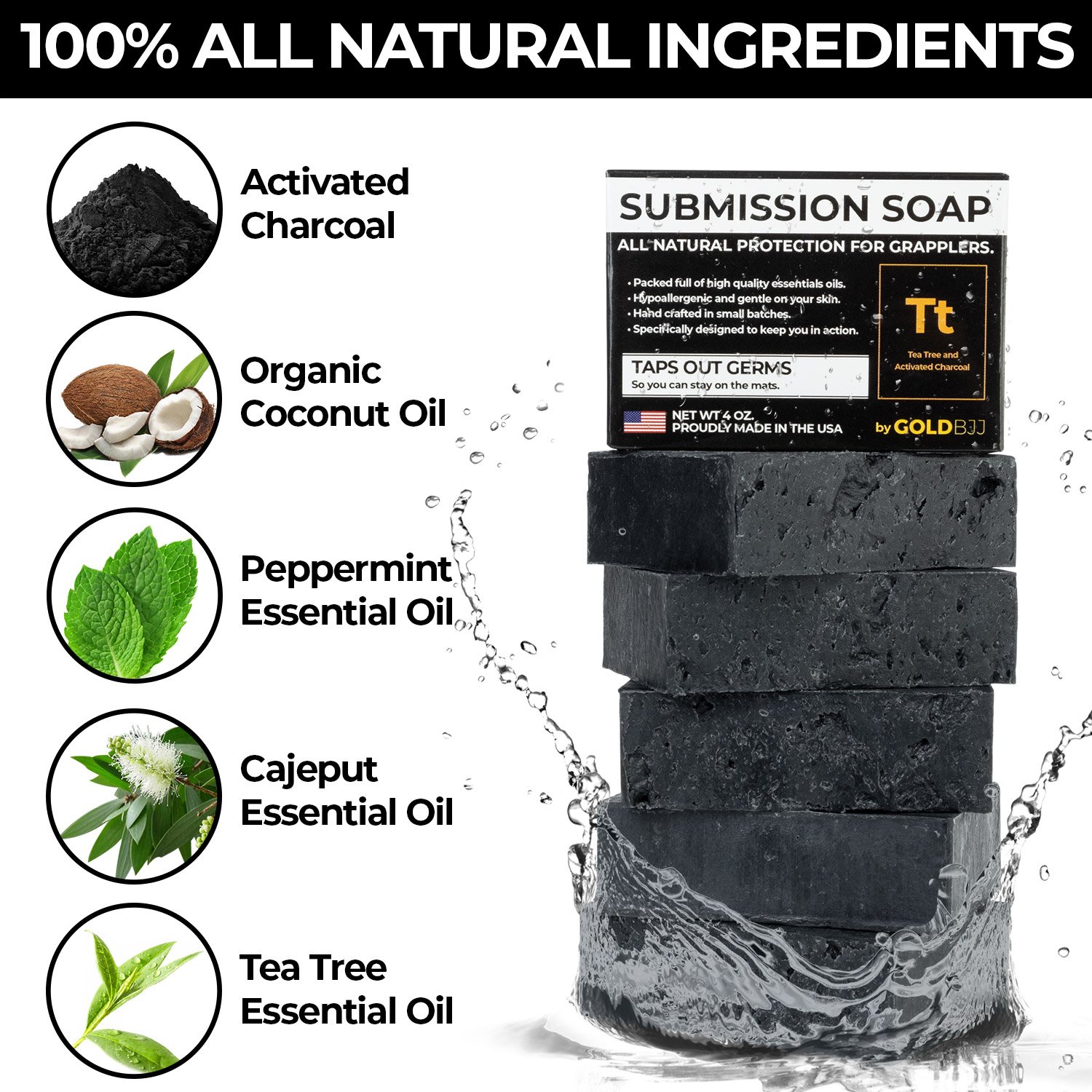 Premium Tea Tree Oil Soap - With Activated Charcoal! 100% All Natural USA Made Bars for BJJ, Jiu Jitsu, Wrestling (2-Pack of 4 Ounce Soap Bars) : Beauty
