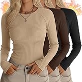 Huukeay 3 Pack Women's Long Sleeve Thermal Shirts Ribbed Knit Crew Neck Tops Raglan Sleeve Slim Fit Base Layer Undershirts