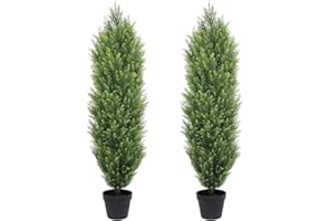 THE BLOOM TIMES Artificial Topiary Cedar Trees Outdoor 4FT Tall 2 Set, Realistic Faux Pine Cypress Shrubs Bushes, UV Resistant Large Fake Evergreen Plants for Front Porch Outside Planter Decor 4 Foot