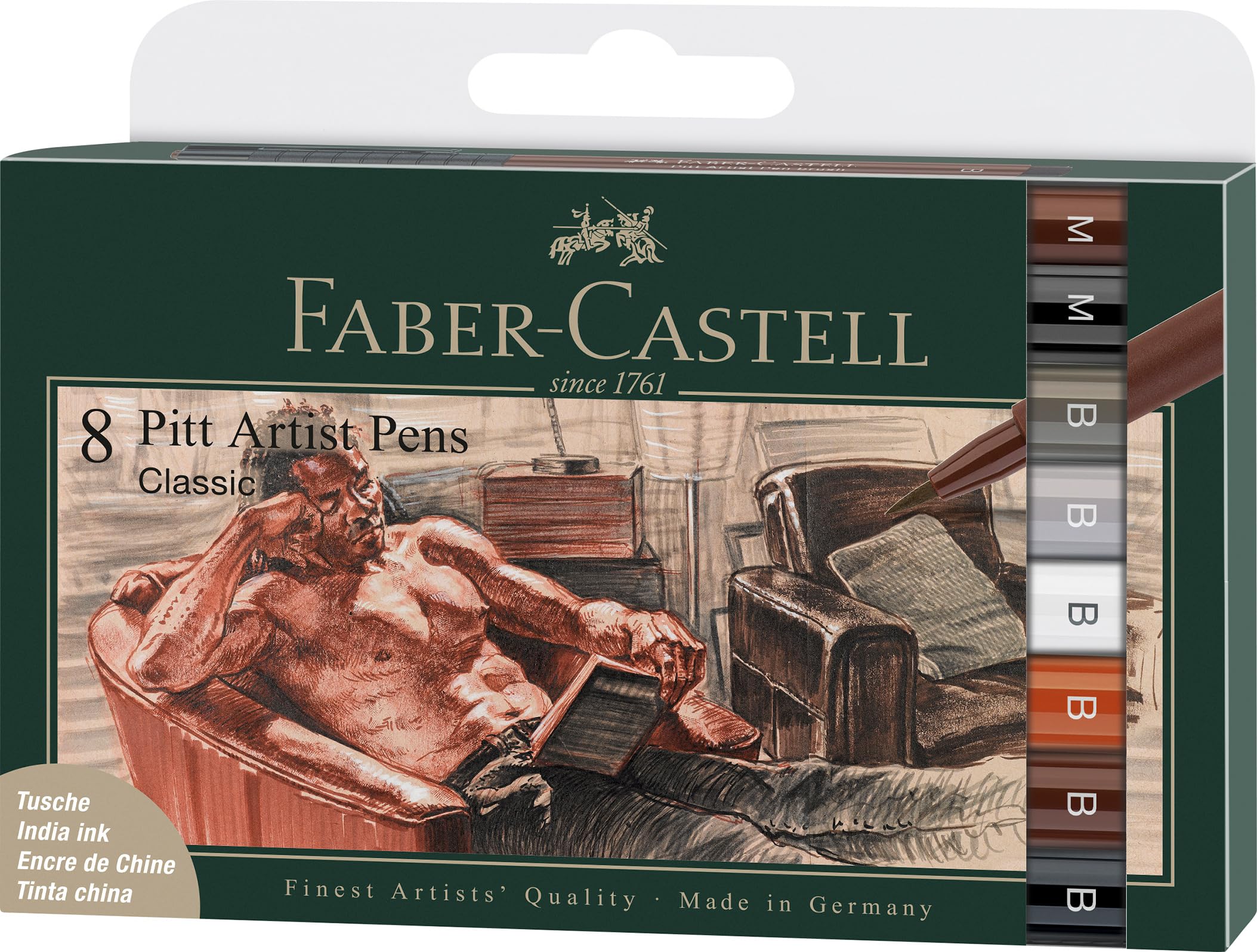 Faber-Castell Art & Graphic Pitt Artist Pen Brush India Ink Pen, Classic, Wallet of 8, Art, Craft, Drawing, Sketching, Home, School, University, Colouring