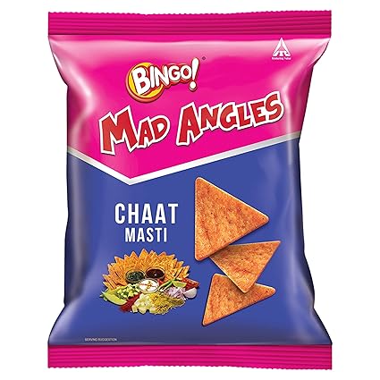 Bingo! Mad Angles Chaat Masti, 72.5g Pack, Crunchy Corn-Based Chips with Desi Chaat Flavour Perfect for Snacking