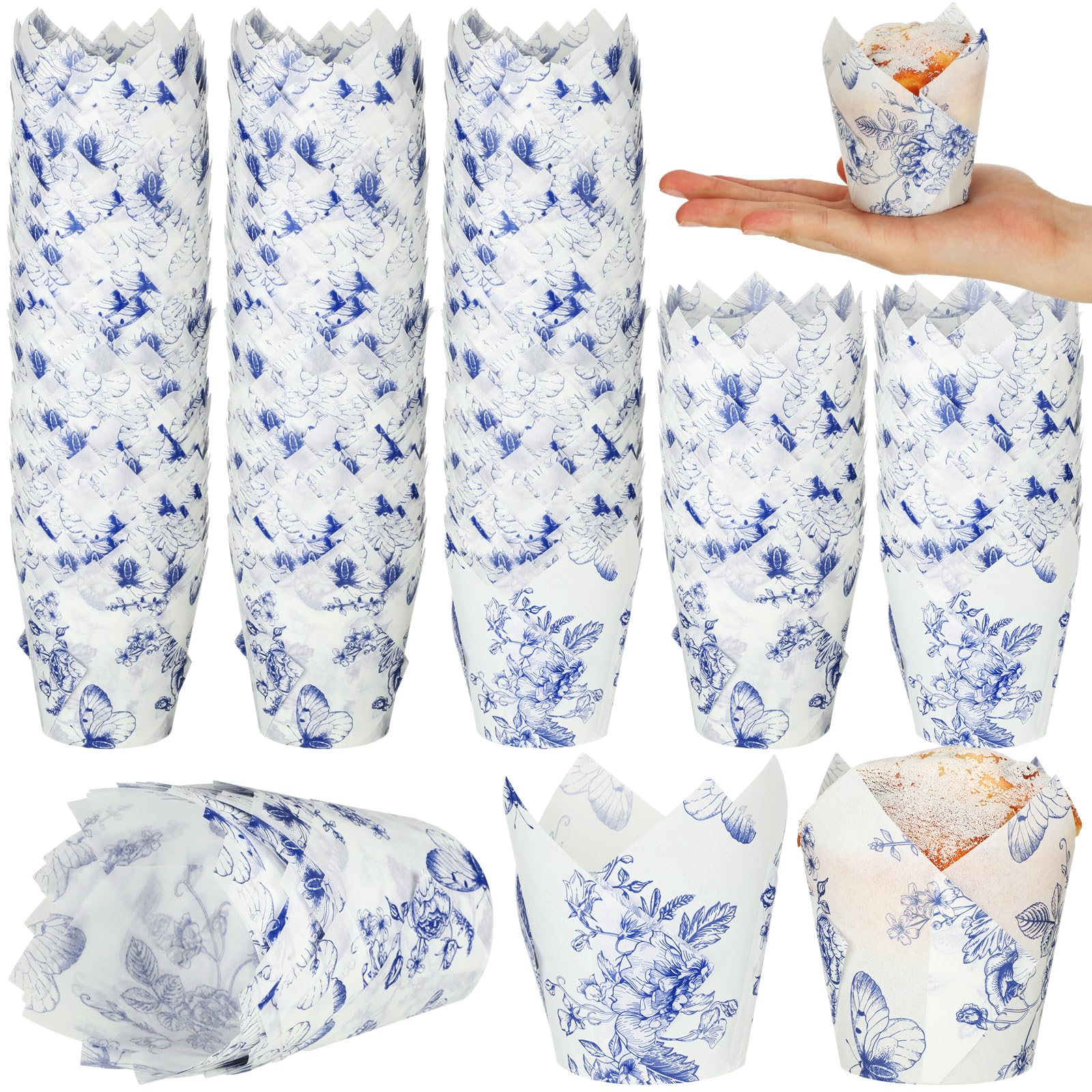 Photo 1 of Gerrii 200 Pcs Chinoiserie Blue White Flower Tulip Cupcake Liners Paper Mini Baking Cups Cupcake Wrappers Muffin Liners for Wedding Tea Party Bridal Baby Shower Decoration