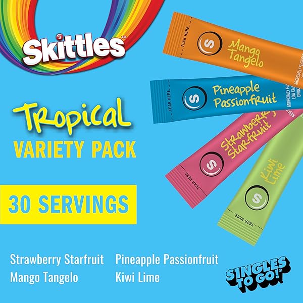 SKITTLES SINGLES TO GO TROPICAL VARIETY PACK, WATERTOK POWDERED DRINK MIX, INCLUDES 4 FLAVORS, STRAWBERRY STARFRUIT, MANGO TANGELO, KIWI LIME, PINEAPPLE PASSIONFRUIT, 1 BOX (30 SERVINGS)