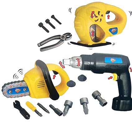 Play Right Kids Tool Playset, Includes Power Cordless Screwdriver, Power Jigsaw, Power Chainsaw together with Pretend Play Construction Accessories.