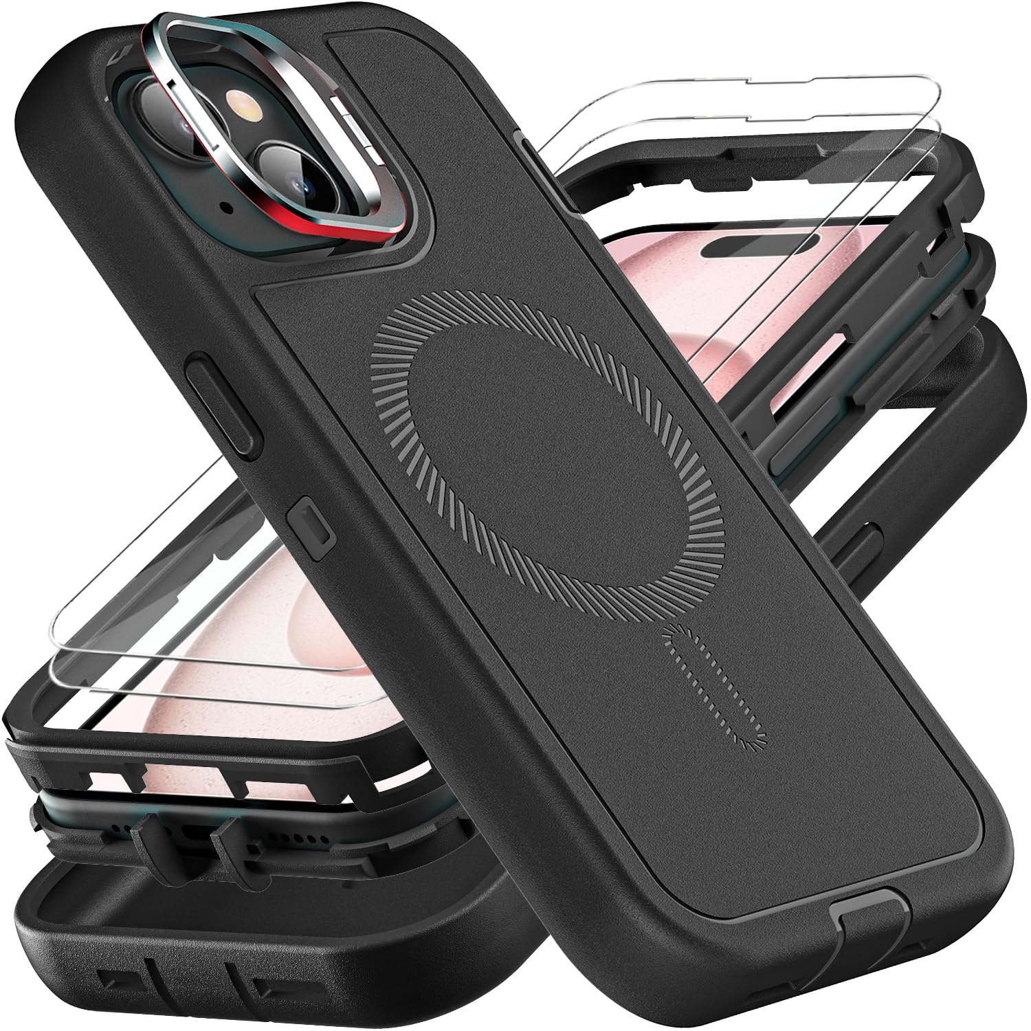 YKHJKLEC for iPhone 15 Case, Military Grade 3 in 1 Heavy Duty Shockproof/Drop Proof/Dust Proof with Kickstand Case, with 2 x Tempered Glass Screen Protector (ZJ-Black/Black)