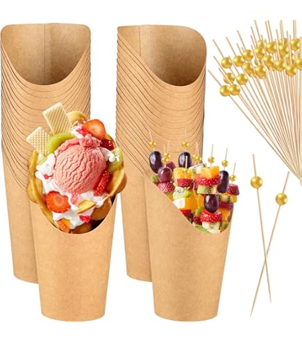 DAKFOOK Lot De 100 Gobelets à Frites Coupe à Frites En Papier Kraft Marron Résistant à La Graisse Porte Frites Pour Collation, Chips, Popcorn, Crème Glacée, Apéritif - 500 Ml