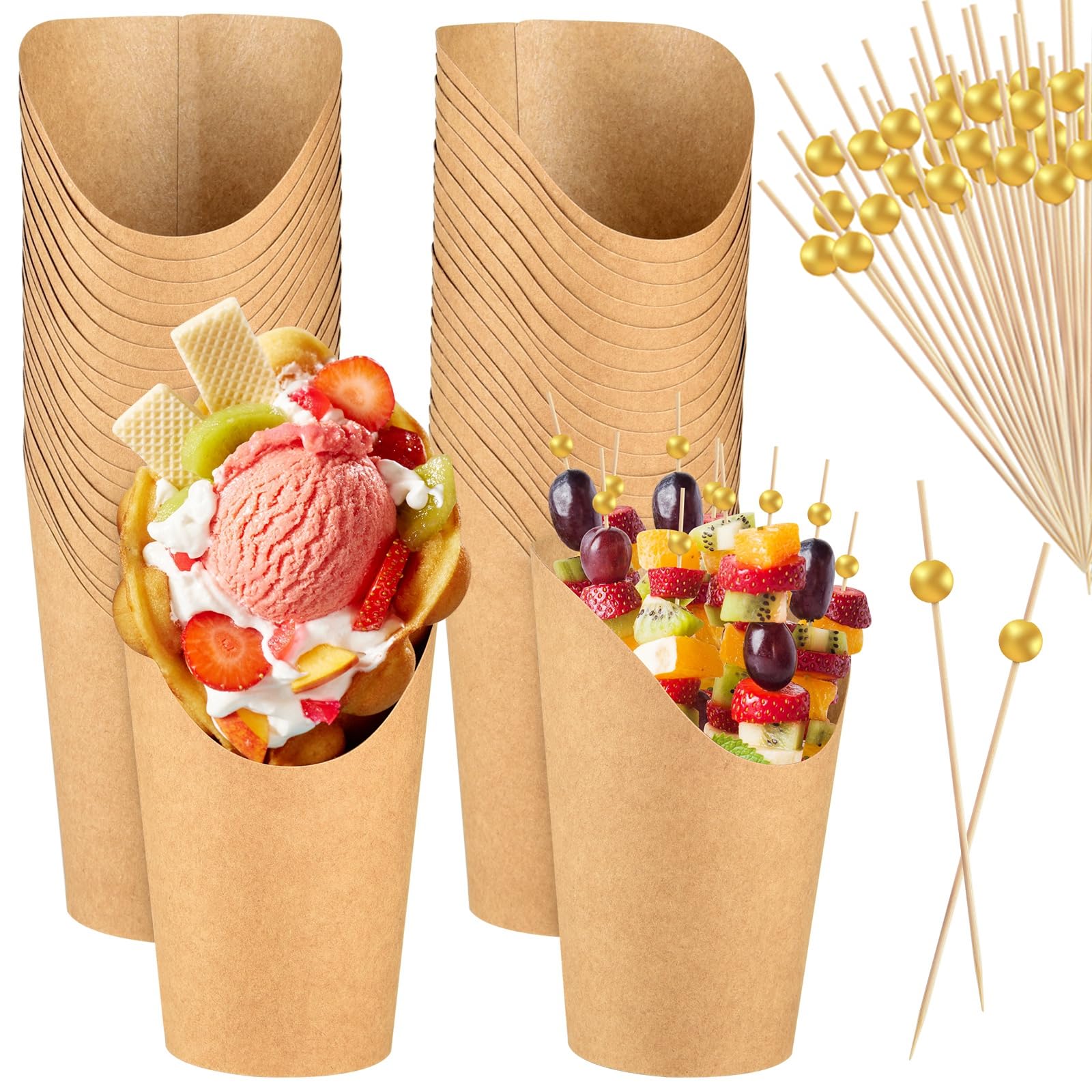 ASTARON 30 Disposable Charcuterie Cups with Sticks, French Fry Holder Snack Cups for Cocktail Party 12 oz Paper Appetizer Cups with 100 Skewers Toothpicks for Party Supplies