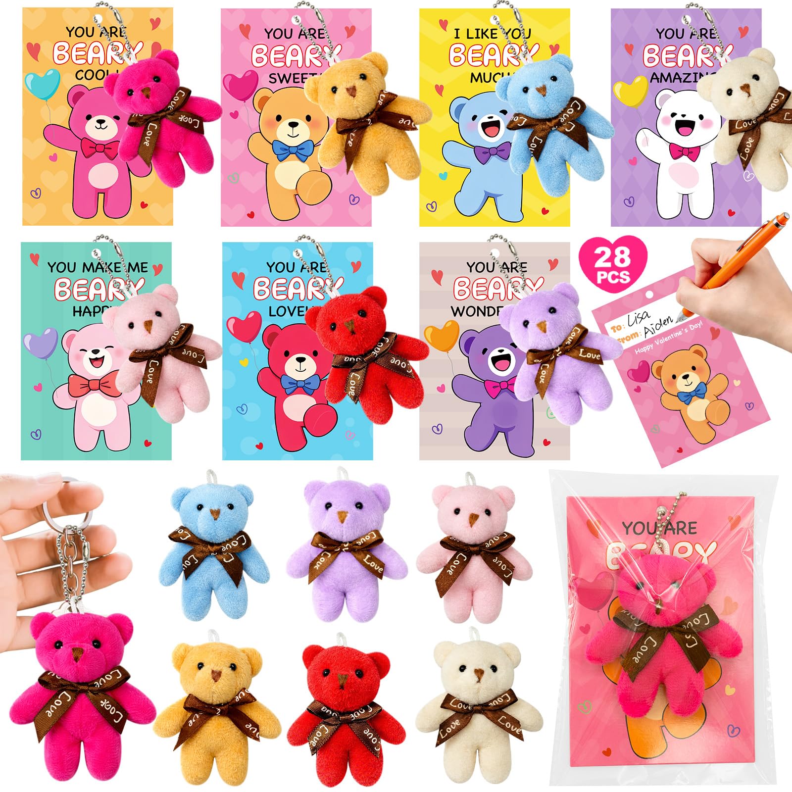 PIONJOY 28 Pack Mini Bear Plush Toy Keychains with Easter Gifts for Classroom Prizes Exchange Gifts Prizes Easter Day Gifts for Kids Boy Girl Easter Party Favors