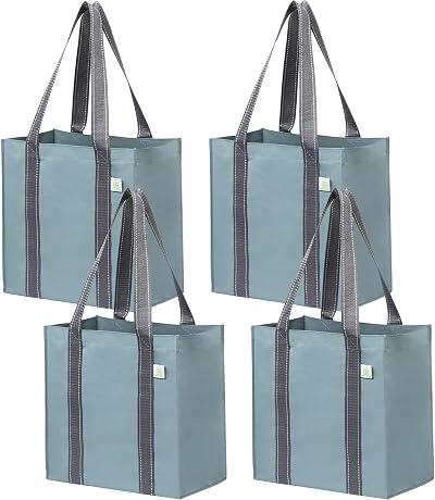 VENO 4 Pack Reusable Grocery Bags with Handles and Hard Bottom