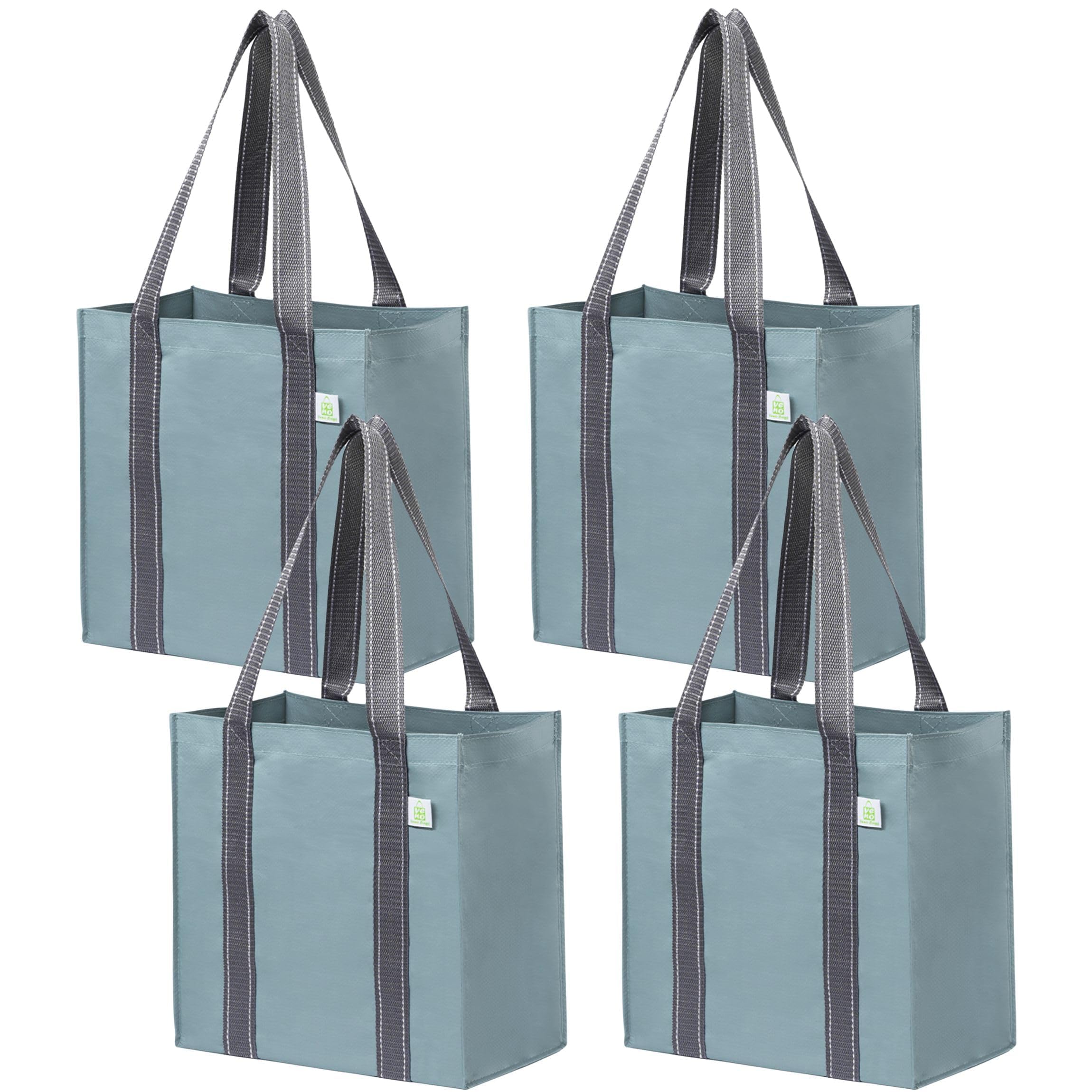 VENO 4 Pack Reusable Grocery Bags and Shopping Bags with Handles and Hard Bottom, Compact Convenience Size. Foldable, Durable, Heavy Duty Utility Tote - Perfect for Shopping Cart (Light Blue, 4 Pack)