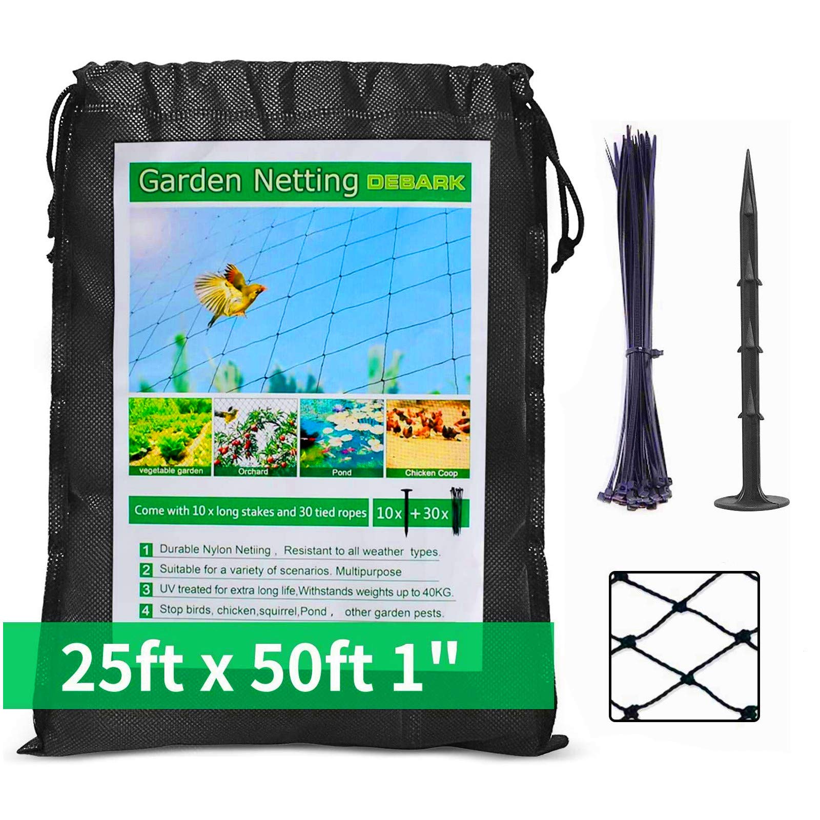 DEBARK 25&amp;#39; X 50&amp;#39; Bird Netting [Heavy Duty] Poultry Netting Protect Plants and Fruit Trees Garden Net 1" Square Mesh Size (25&amp;#39; x 50&amp;#39;-1")