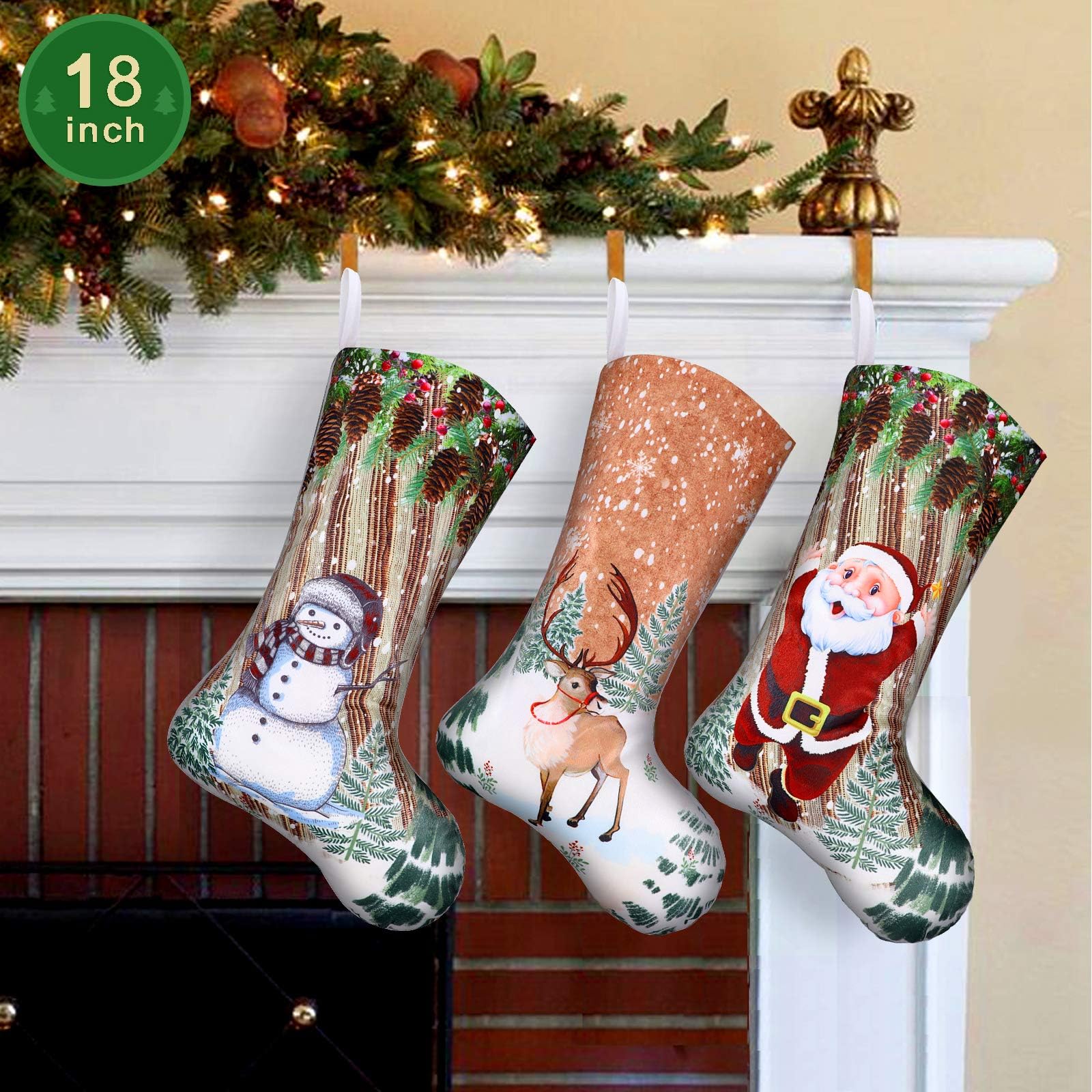 LimBridge Christmas Stockings, 3ct 18 inches Santa Snowman Reindeer Print Fleece Christmas Stockings, Xmas Holiday Home Decoration