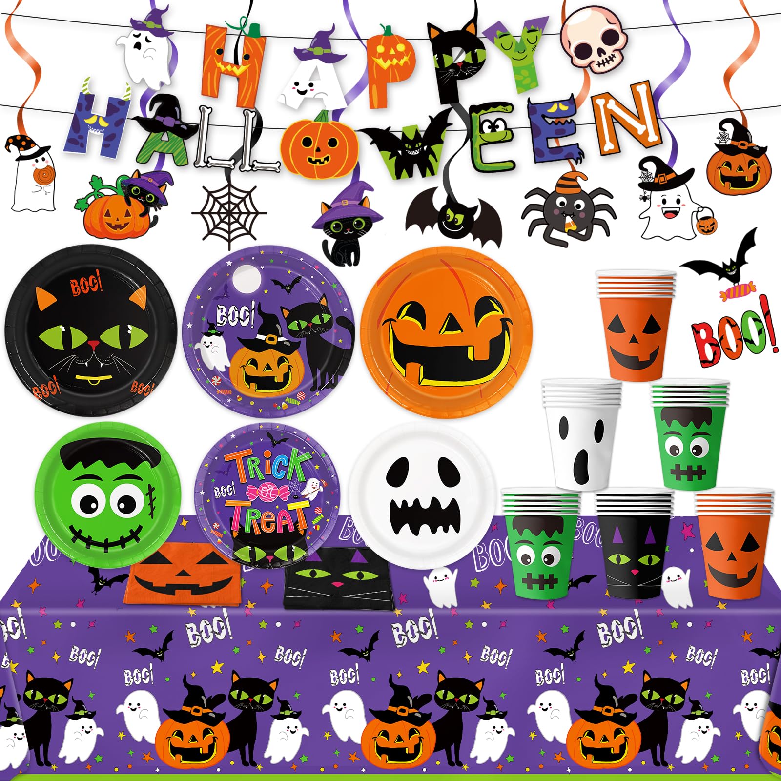 Photo 1 of 106 PCS Halloween Party Supplies Holiday Party Decorations Includes Plates, Napkins, Cups, Hanging Swirls, Tablecloth, Banner for Halloween Birthday Party Decorations, Serves 24
