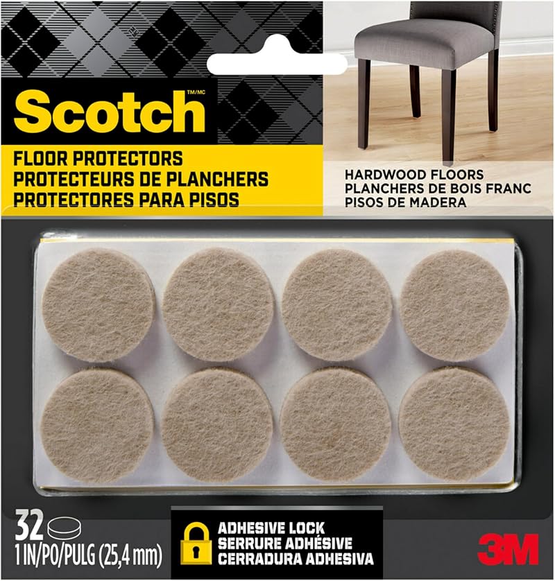 Scotch SP802-NA 3M Felt Pads for Wood Floors 1" Round Beige 32 Pack