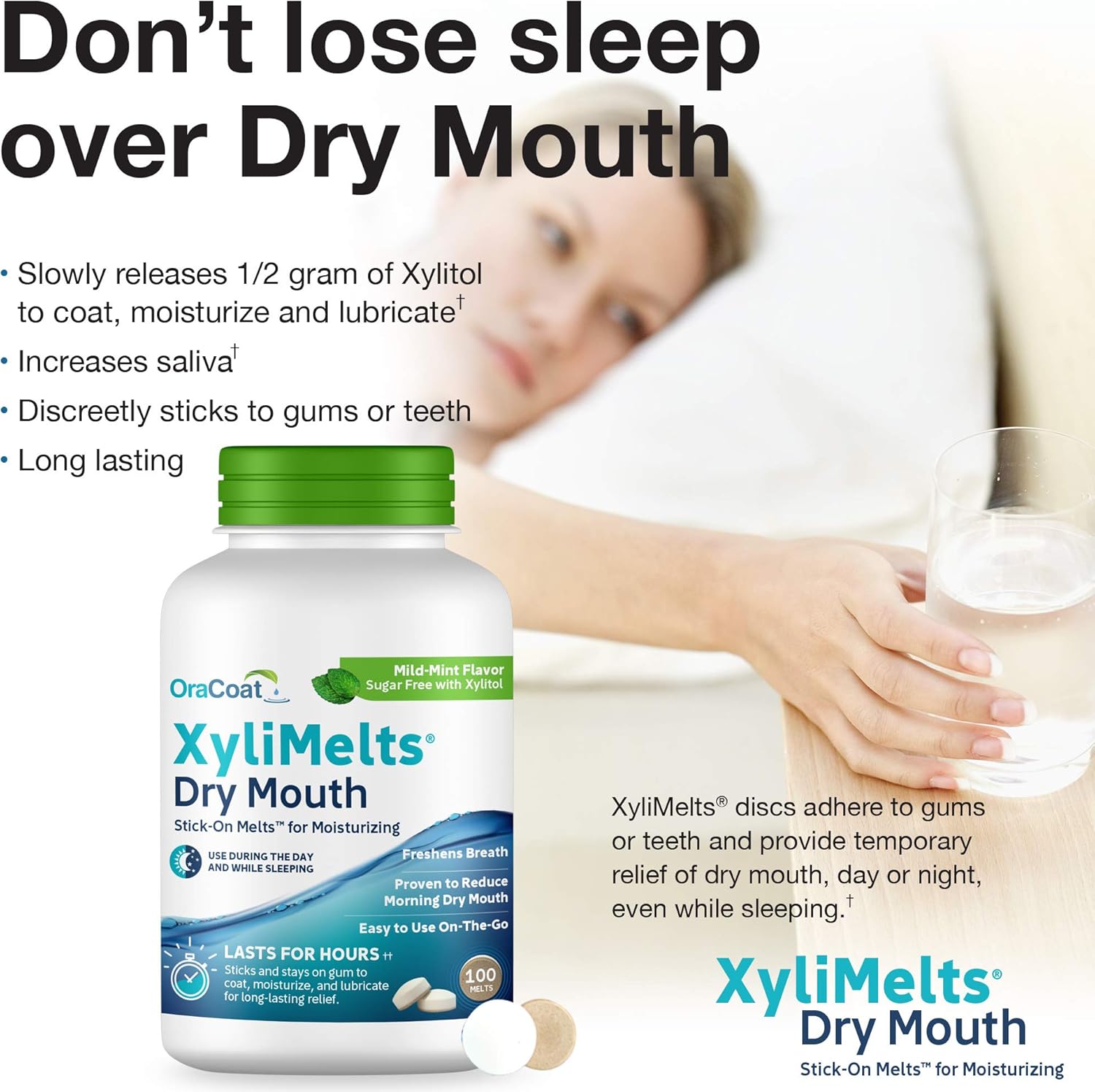 OraCoat XyliMelts Dry Mouth Relief Moisturizing Oral Adhering Discs Mild Mint with Xylitol, For Dry Mouth, Stimulates Saliva, Non-Acidic, Day and Night Use, Time Release for up to 8 Hours, 100 Count: Health & Personal Care