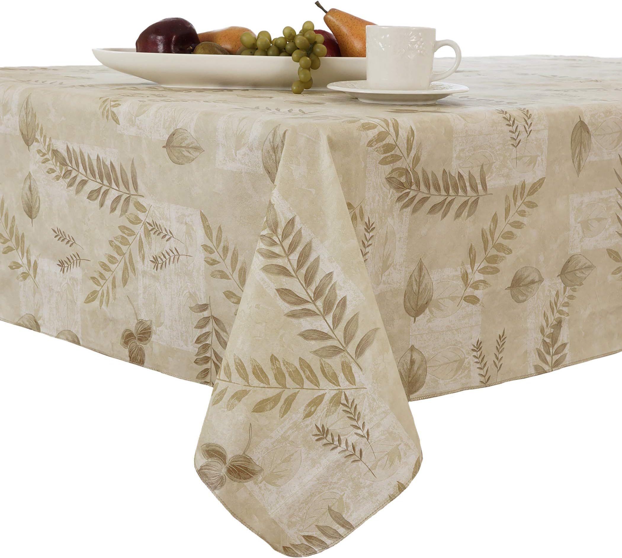EVERYDAY LUXURIESEVERYDAY LUXURIES Boxed Fern Flannel Backed Vinyl Tablecloth Indoor Outdoor, 70-Inch Round with Umbrella Hole and Zipper, Taupe