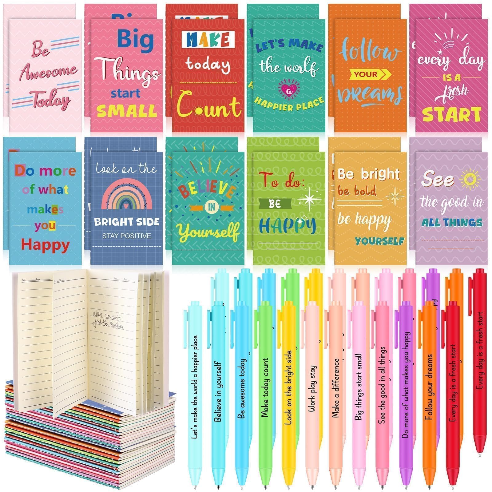 24 Sets Inspirational Gift for Students from Teacher Mini Colorful Notepads Inspirational Ballpoint Pens Small Pocket Notebooks Journals for Office Retirement Classroom Prizes for Student Pupils