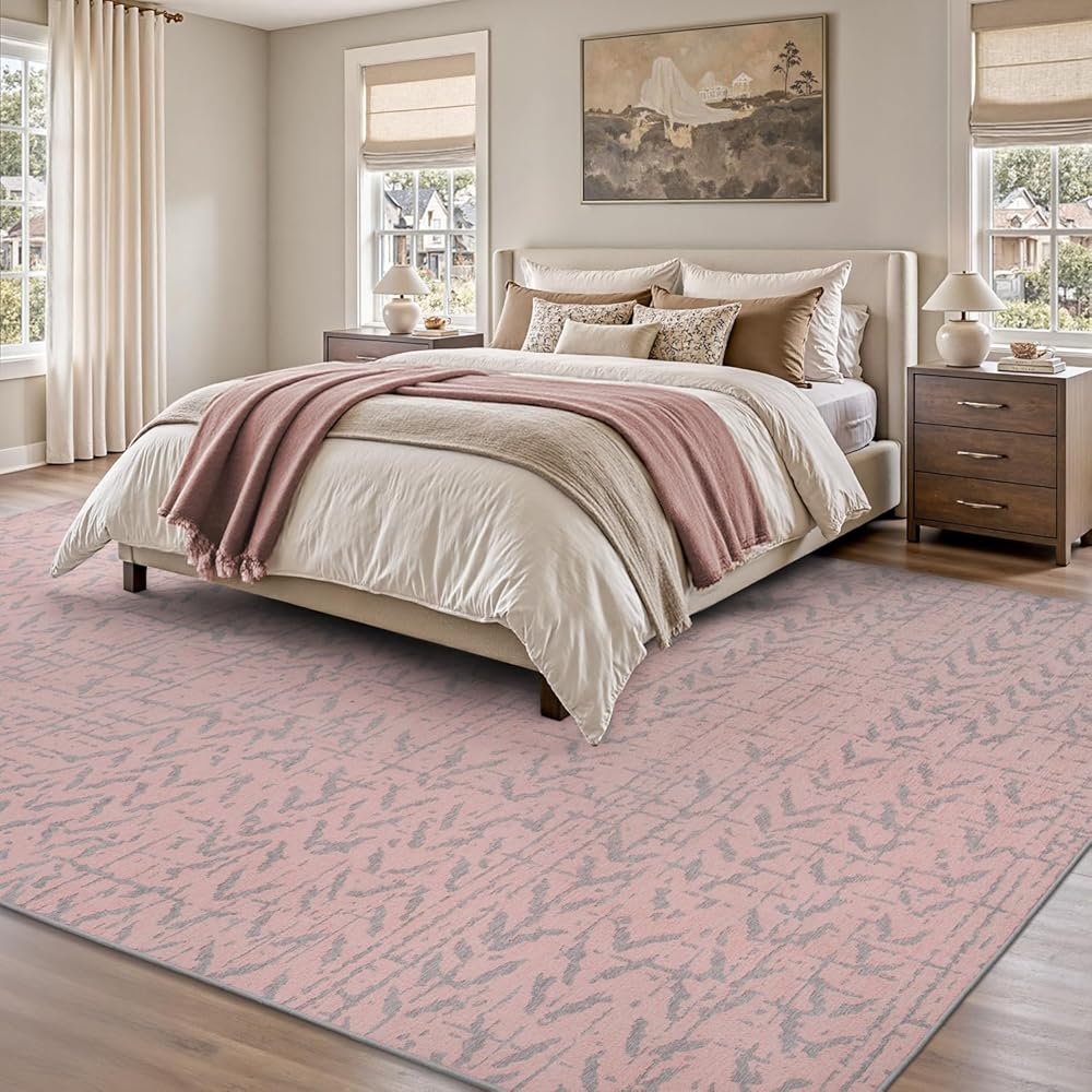 Pink Area Rug 5x7 Rugs for Living Room Bedroom High Low Textured Jacquard Boho Neutral Carpet - Non Slip Machine Washable Rug