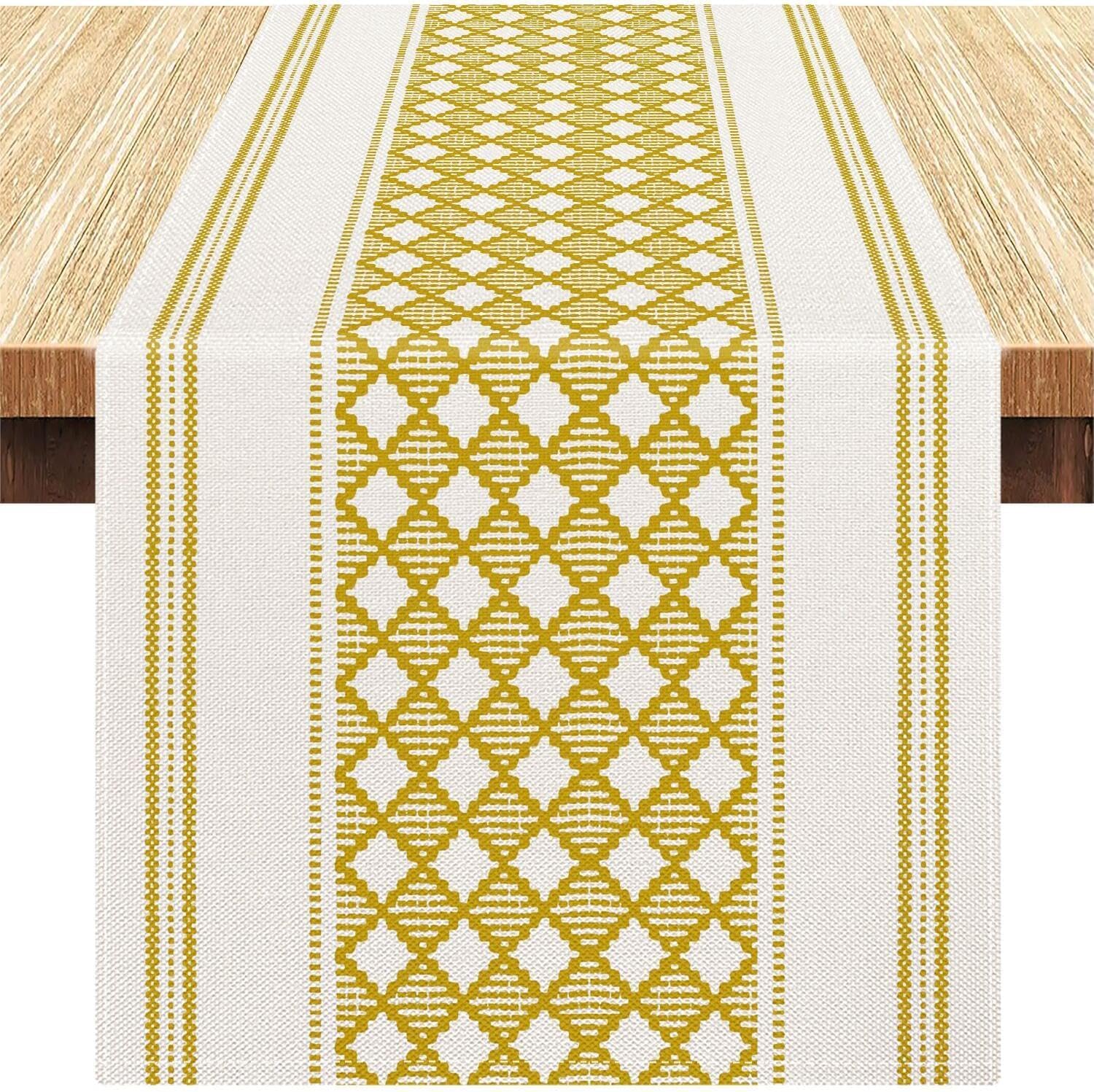 Photo 1 of Rustic Table Runner, Boho Table Runner for Modern Decor 72 Inches Long Linen Farmhouse Coffee Table Runne Stripe Grid Table Decoration for Holiday Party, Wedding and Dining, 13x72 Inches, Yellow