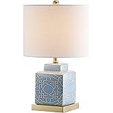 JONATHAN Y 22" Blue/White Modern Ceramic Ginger Jar Table Lamp for Nightstand, Square Lattice Transitional Chinoiserie Lamp f