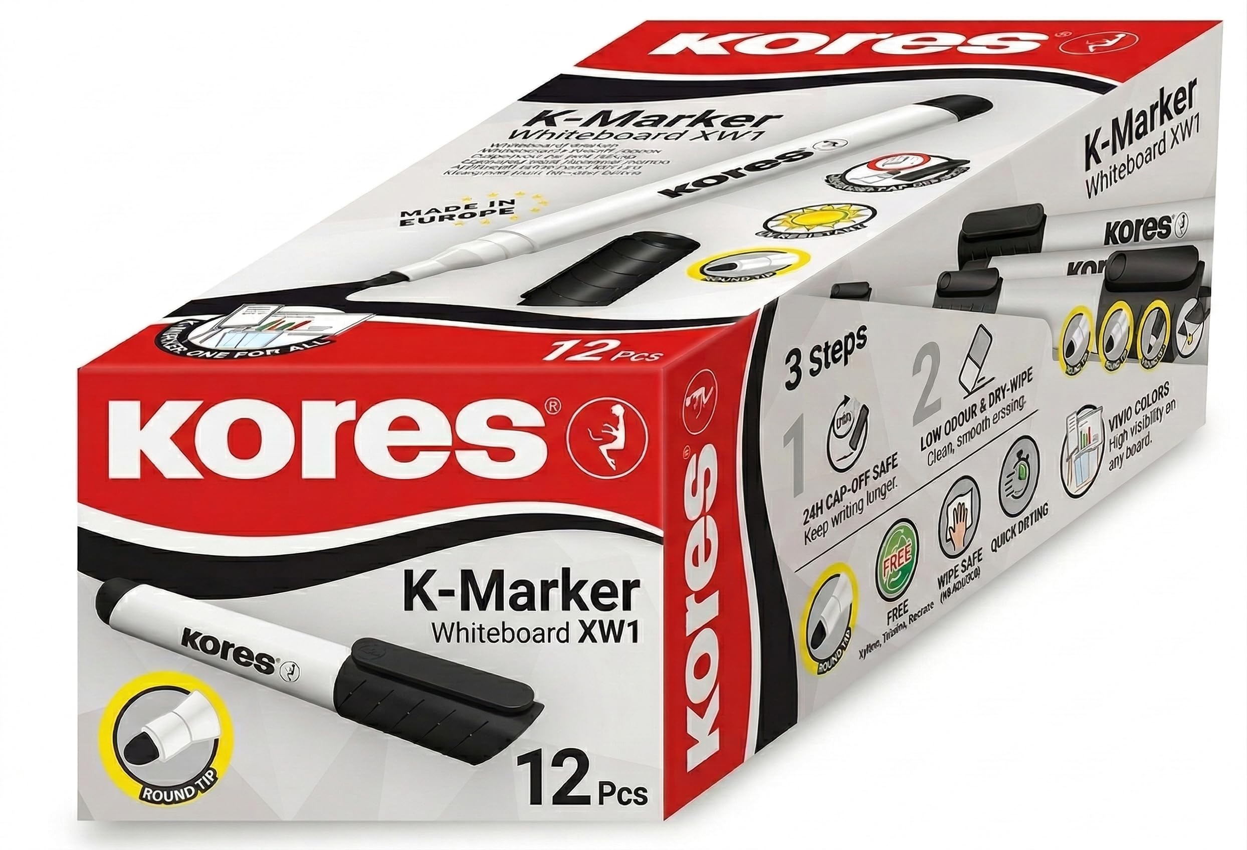 Kores - Black Whiteboard Marker Pens - K-Marker XW1, Round Tip with Low-Odour Ink - Dry Wipe Marker Pens - Back to School Supplies, Office Supplies - Pack of 12