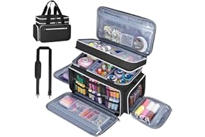 ANITOR Large Sewing Supplies Organizer, Double Layer Sewing Storage Organizer with Two Detachable Dividers, Travel Sewing Bag Organizer with Shoulder Strap for Accessories, Black, (Bag Only)