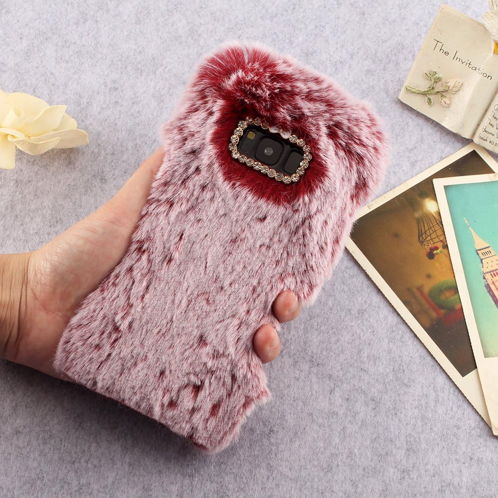 Stysen Galaxy Note 8 Furry Case,Galaxy Note 8 Rabbit Cover,Noble Soft Faux Hairy Fluffy Rabbit Fur Case with Diamond Bowknot for Samsung Galaxy Note 8-Red