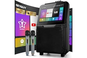 GEYGUY GTSK10-5 Professional Karaoke Machine with Lyrics Display and 2 Wireless Microphones for Adults and childs-15 inch Tablet/Bluetooth/WiFi/Rechargeable