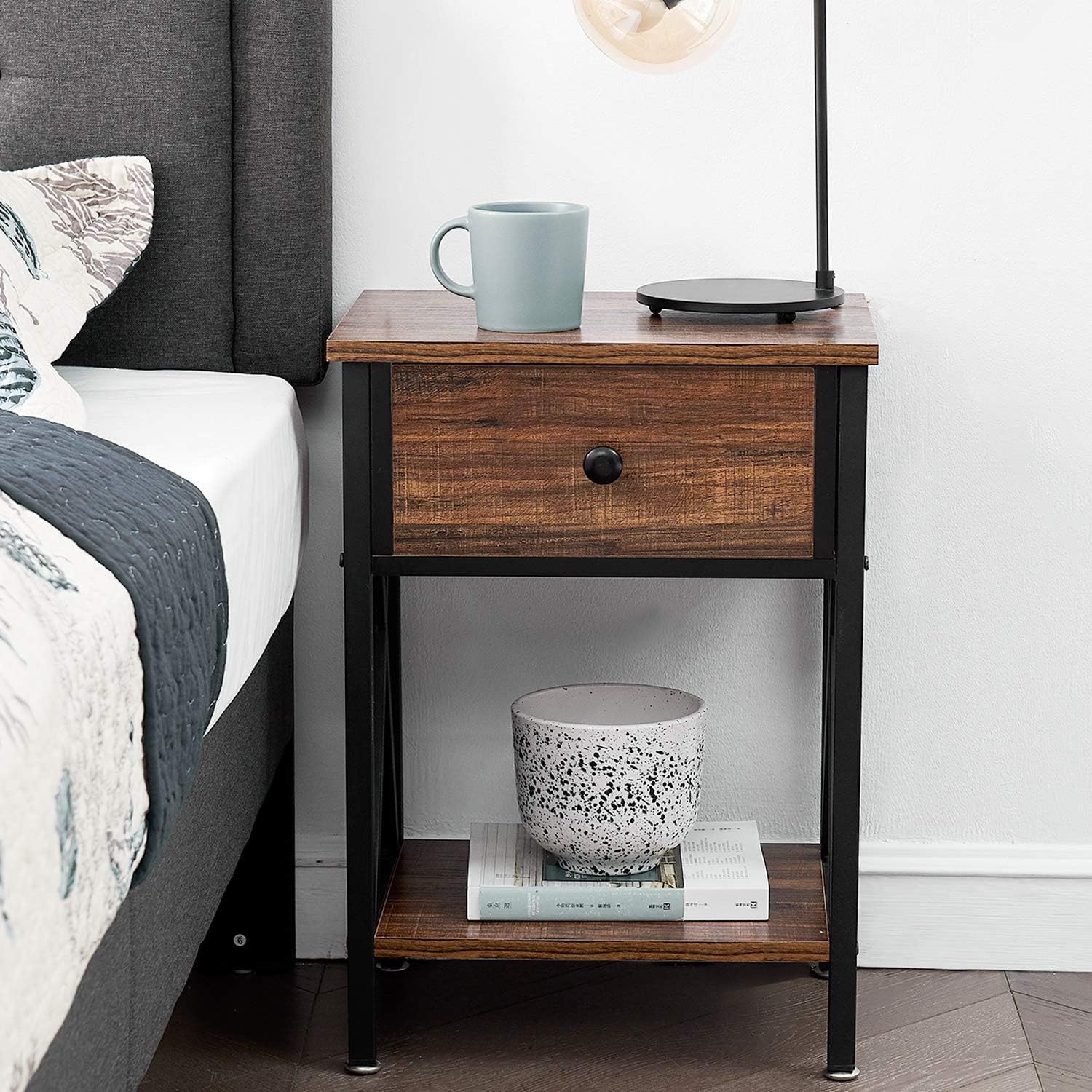 VECELO Modern Versatile Nightstands X-Design Side End Table Night Stand Storage Shelf with Bin Drawer for Living Room Bedroom, Set of 2 (Brown): Home & Kitchen