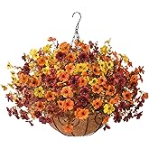Artificial Fake Hanging Baskets Fall Flowers for Outdoors Decoration, Faux Silk Mums Plants UV Resistant Look Real Outside Yard Patio Front Porch Garden Balcony Home Autumn Decor (Orange Yellow Brown)