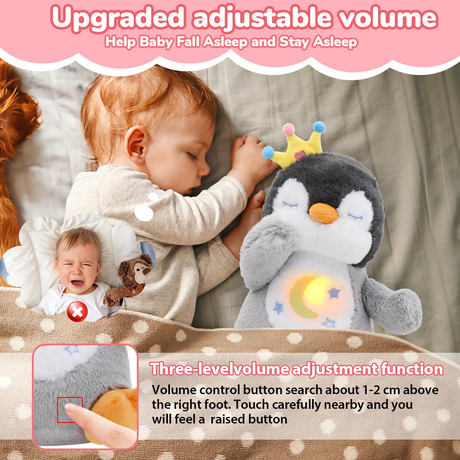Breathing Stuffed Animal, Soothe Snuggle Penguin Plush for Anxiety Adults and Kids, Volume Control, Machine Washable, Sleep Buddy Soothing Penguin with Realistic Breathing and Lights Music, 4 Modes