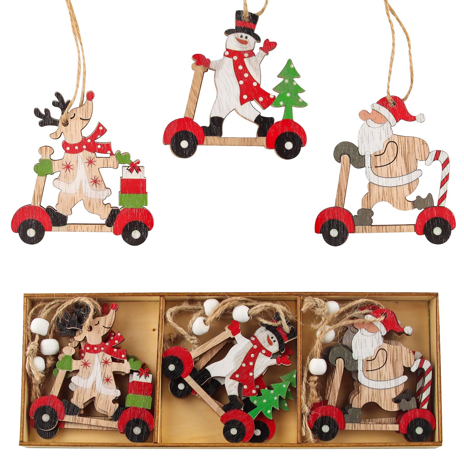 9pcs Christmas Tree Hanging Ornaments, Wooden Ornaments Finished Set, Wooden Hanging Ornaments with Boxes, A Variety of Patterns, Pendant Christmas Holiday Ornaments, Natural Wooden Slices (MZ364)