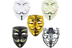 DeHasion 5 Packs V Mask Halloween Mask Costume Cosplay Anonymous Masks Hacker mask/1*Gold/1*White/1*Silver/2*Black(5-Pack)