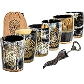 Handmade Viking Drinking Horn Shot Glasses (Set of 6) – 100% Authentic Natural Ox Horn – 3oz Medieval Mead & Whiskey Tumblers – Unique Barware Gift Set for Men and Women