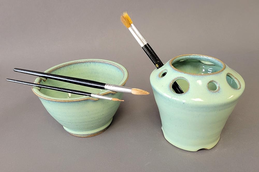Painting Watercolor 2 pc Set Bowl Brush Caddy Rest Stand Painters Art Room Rinse