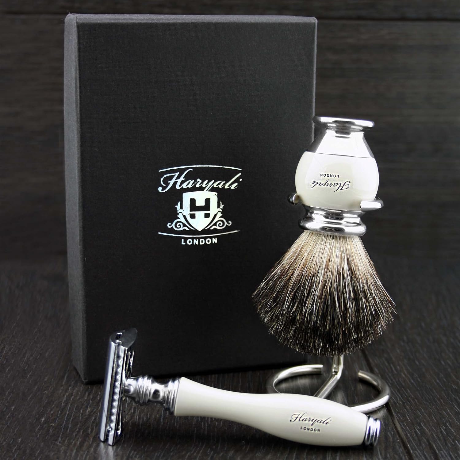 Ivory Colour Men’s 3 Pieces Shaving Kit with Black Badger Hair, De ...