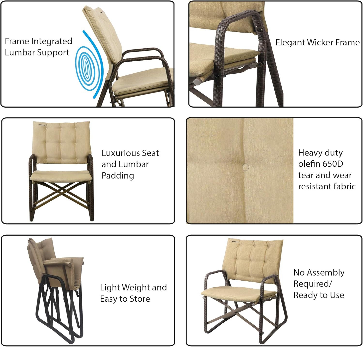 STRONGBACK Patio Chair Folding Lawn Lounge Chair Heavy Duty Outdoor Seat with Lumbar Support, Tan, One Size: Sports & Outdoors