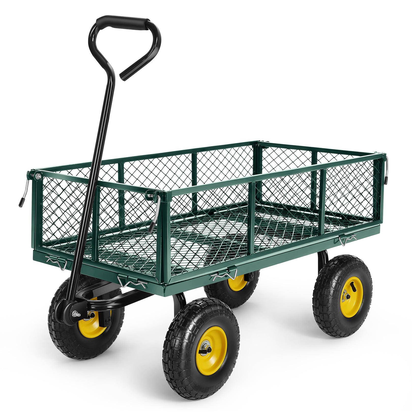 TEANDE 680Lb Garden Cart with Removable Mesh Sides to Convert into Flatbed, Utility Metal Wagon with 180° Rotating Handle, 10 inch Tires, Portable for Yard, Farm, Beach (Green, Without Oxford Cloth)