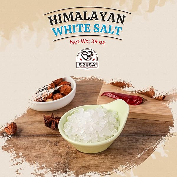 52USA HIMALAYAN WHITE SALT COARSE, SEA SALT FOR GRINDER REFILL, 39 OZ (2.4 POUND), PURE NATURE HIMALAYAN SALTS, COARSE SALTS PERFECT FOR COOKING, BBQ, BAKING, KOSHER SALT