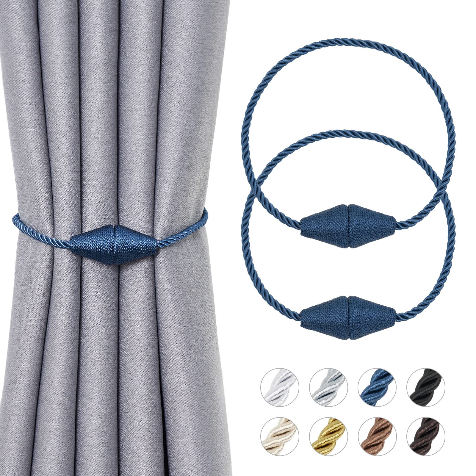 Pretty Jolly 2 Pack Upgrade Magnetic Curtain Tiebacks 16 Inch Handmade Weave Rope Curtain Holdbacks Convenient Decorative Cone Curtain Drape Tie Backs for Home & Office Window Drapery (New Navy)