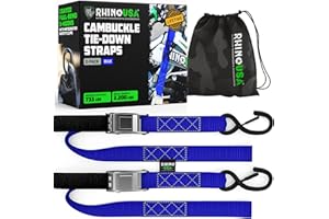 Rhino USA Motorcycle Tie Down Straps (2 Pack) Lab Inspected 2,200lb Break Strength, Steel Cambuckle Tiedown Set with Integrated Soft Loops - Better Than a Ratchet Strap (Blue 2-Pack)