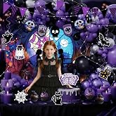 CheerBox Gothic Birthday Party Decorations for Girl - 177 Pcs Purple Black Dark Academia Party Supplies with Original Backdrop, Balloon Boxes, 3D Bats, Cake Topper