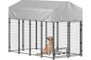PawHut Outdoor Dog Kennel, Run, Large Wire Steel Fence, Lockable Pet Playpen Enclosure, with Water-, UV-Resistant Canopy Top,