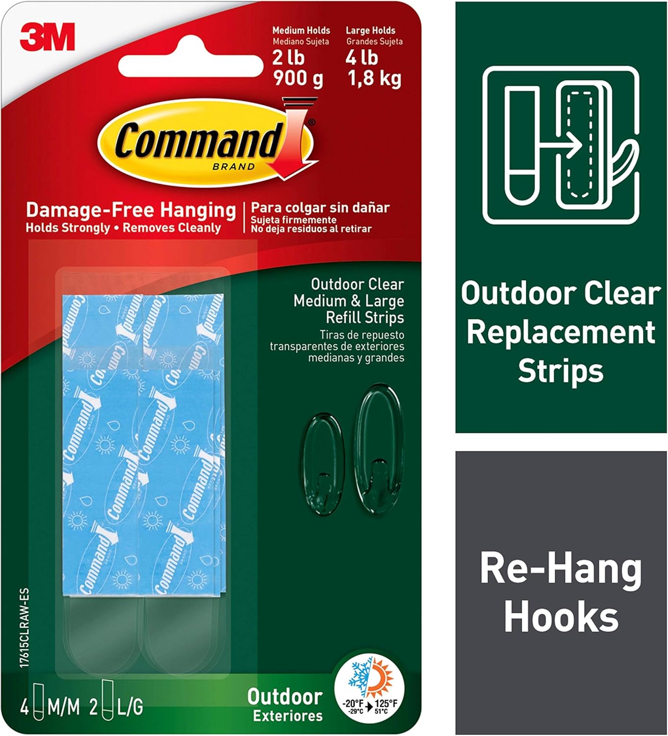 Command 4Packages of Outdoor Clear Refill Strips, ReHang Outdoor