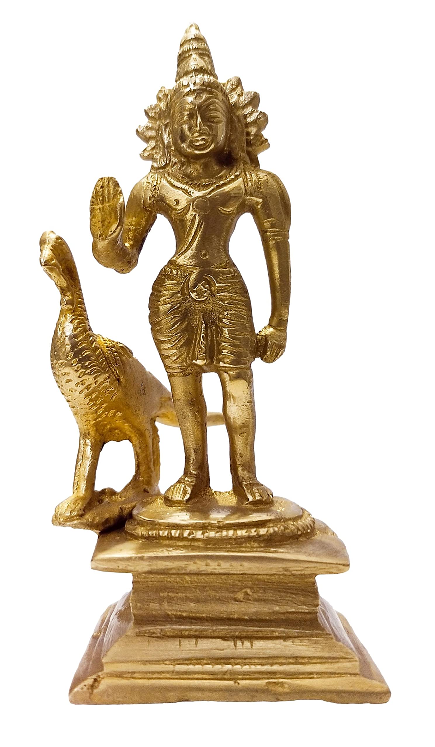 athizay Brass kartikeya Statue with Peacock in Virgin Brass 11cm Tall Lord Murugan Idol for Home and Office