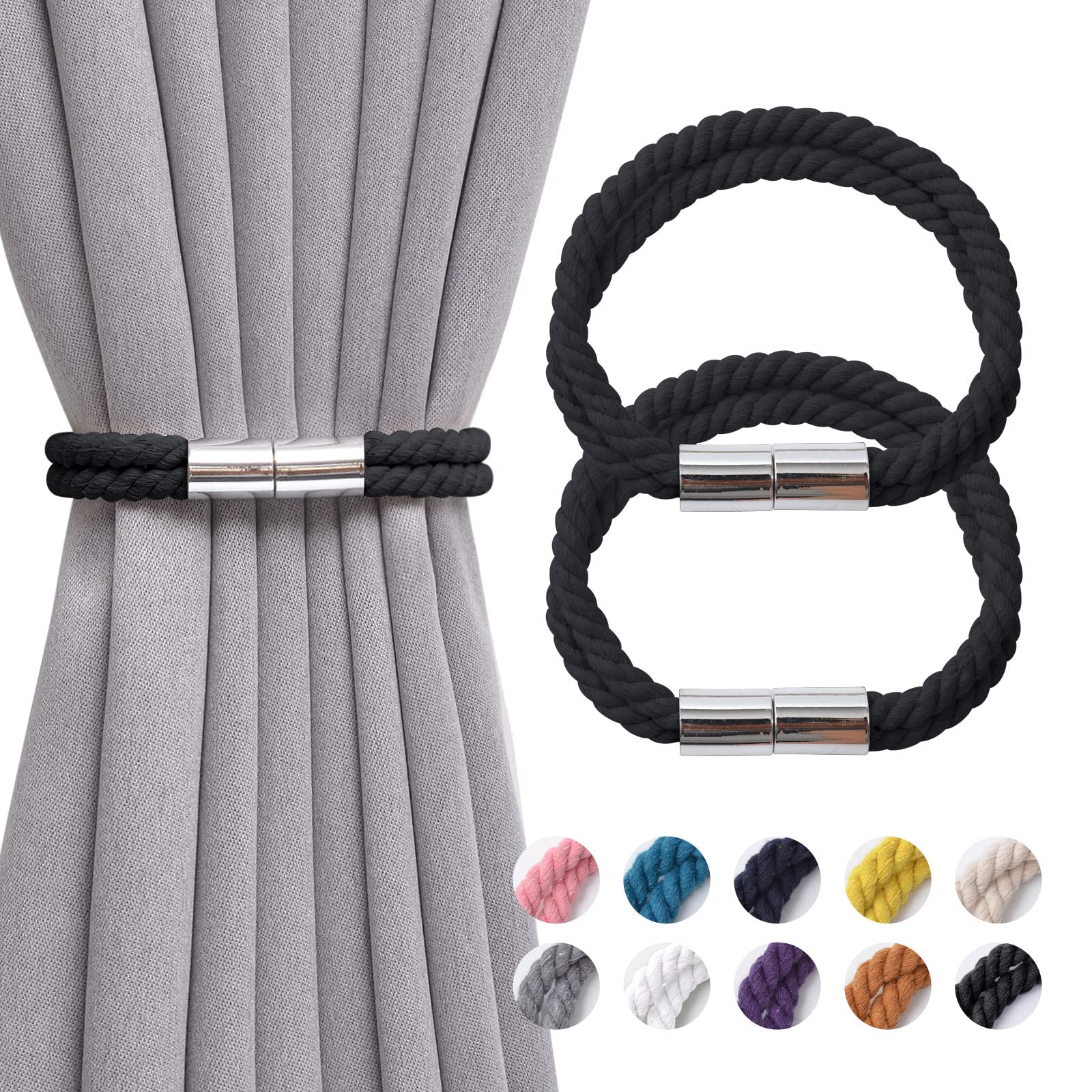 Pretty Jolly 2 Pack Strong Magnetic Curtain Tiebacks Boho Decoration Drape Tie Backs Natural Cotton Handmade Double Rope Curtain Holdbacks for Thin or Thick Home & Office Window Drapery (Black)