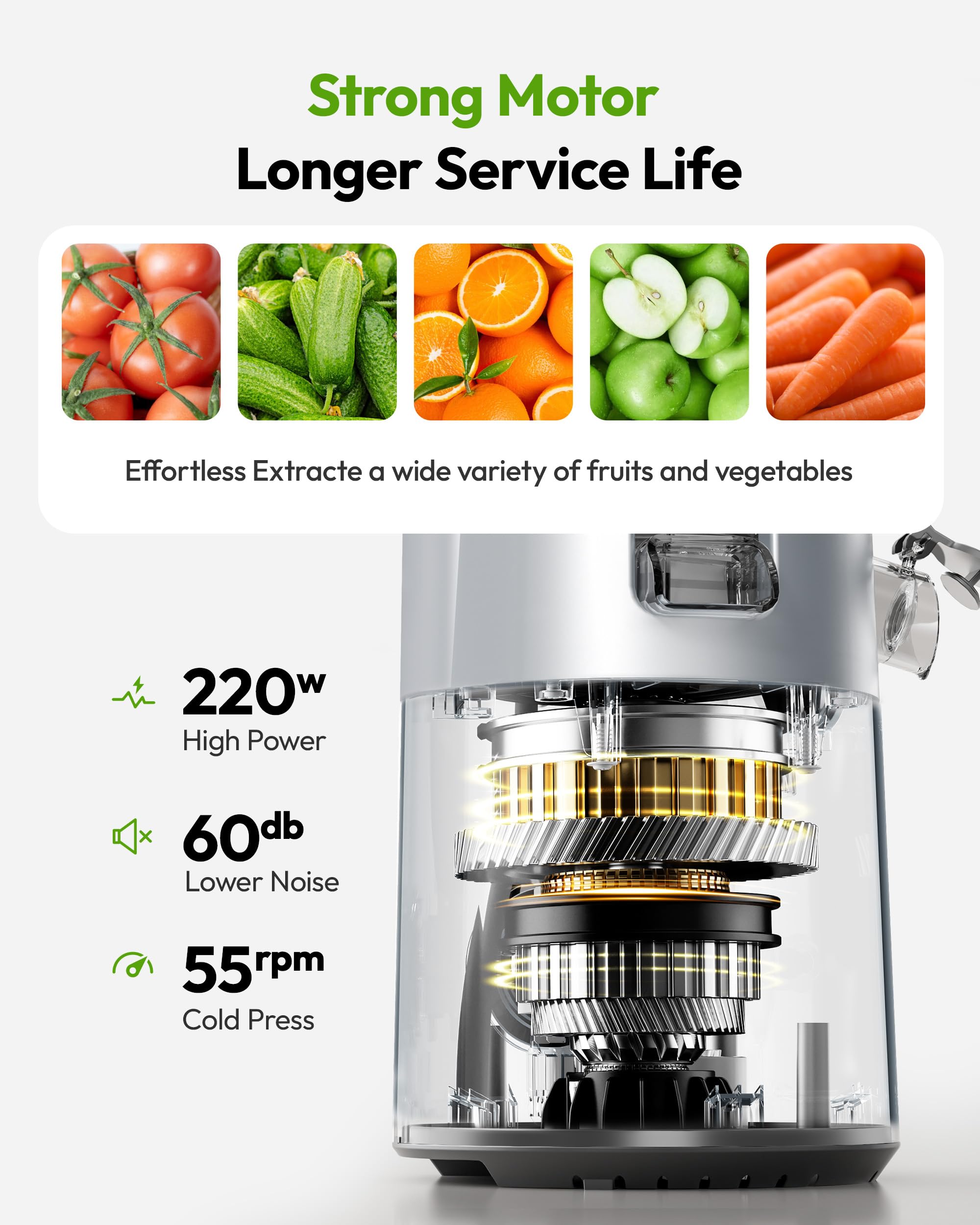 EUHOMY Cold Press Juicer Machines, 135mm&1.8L Feeding Chute for Whole Fruits and Vegetables-Liberate Your Hands, 220W Slow Masticating Juicer with Auto-cutting Auger, Safety Lock