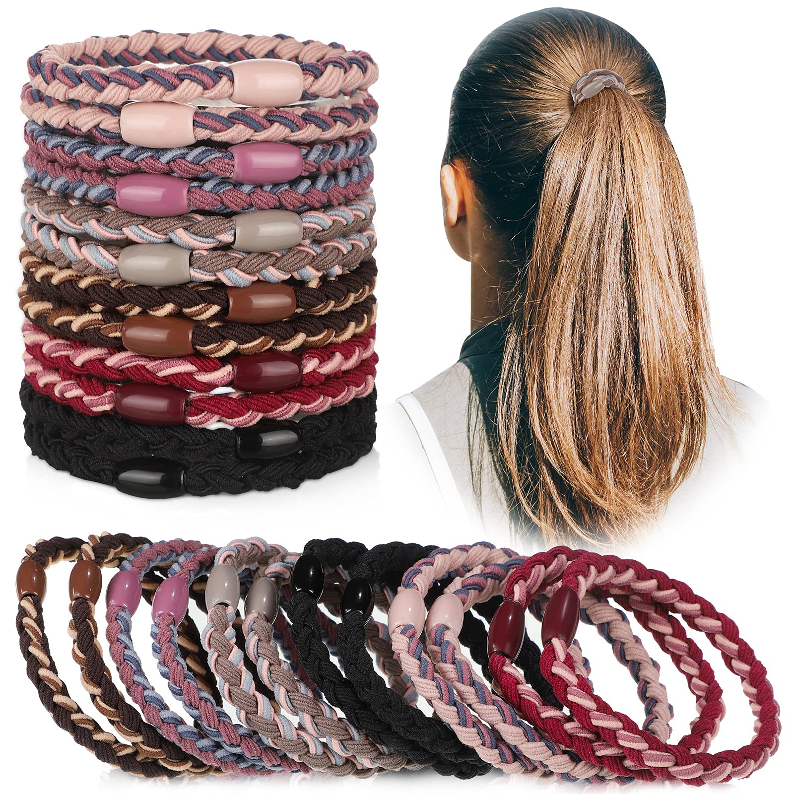 Chuangdi 12 Pieces Cotton Hair Ties Braided Elastic Hair Bands Ropes Braided Ponytail Holders Accessories for Women(Assorted Colors)