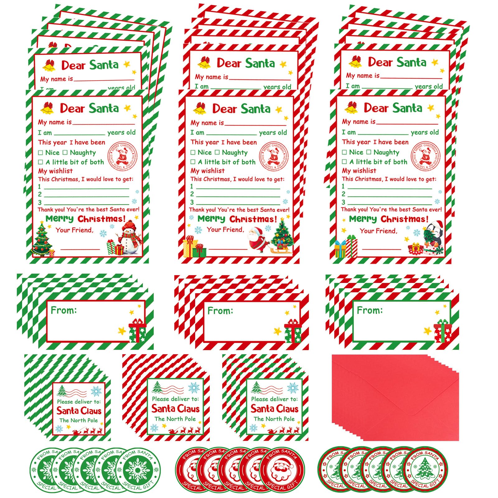 Letter to Santa Kit, Letters from Santa, Christmas Writing Set Includes Christmas Wishlist, Red Envelopes, Stickers, Seals, Address Labels