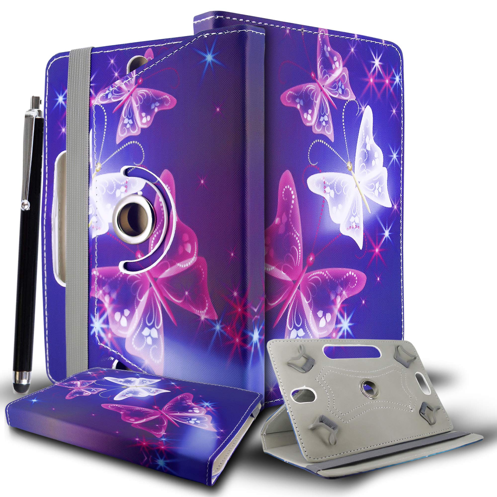 Universal 360° Rotational Colourful Various PU Leather Stand Case Cover Fits All 7" Inch Android Tablets tab devices + Free Stylus Pen (Universal 7'' butterfly blue)